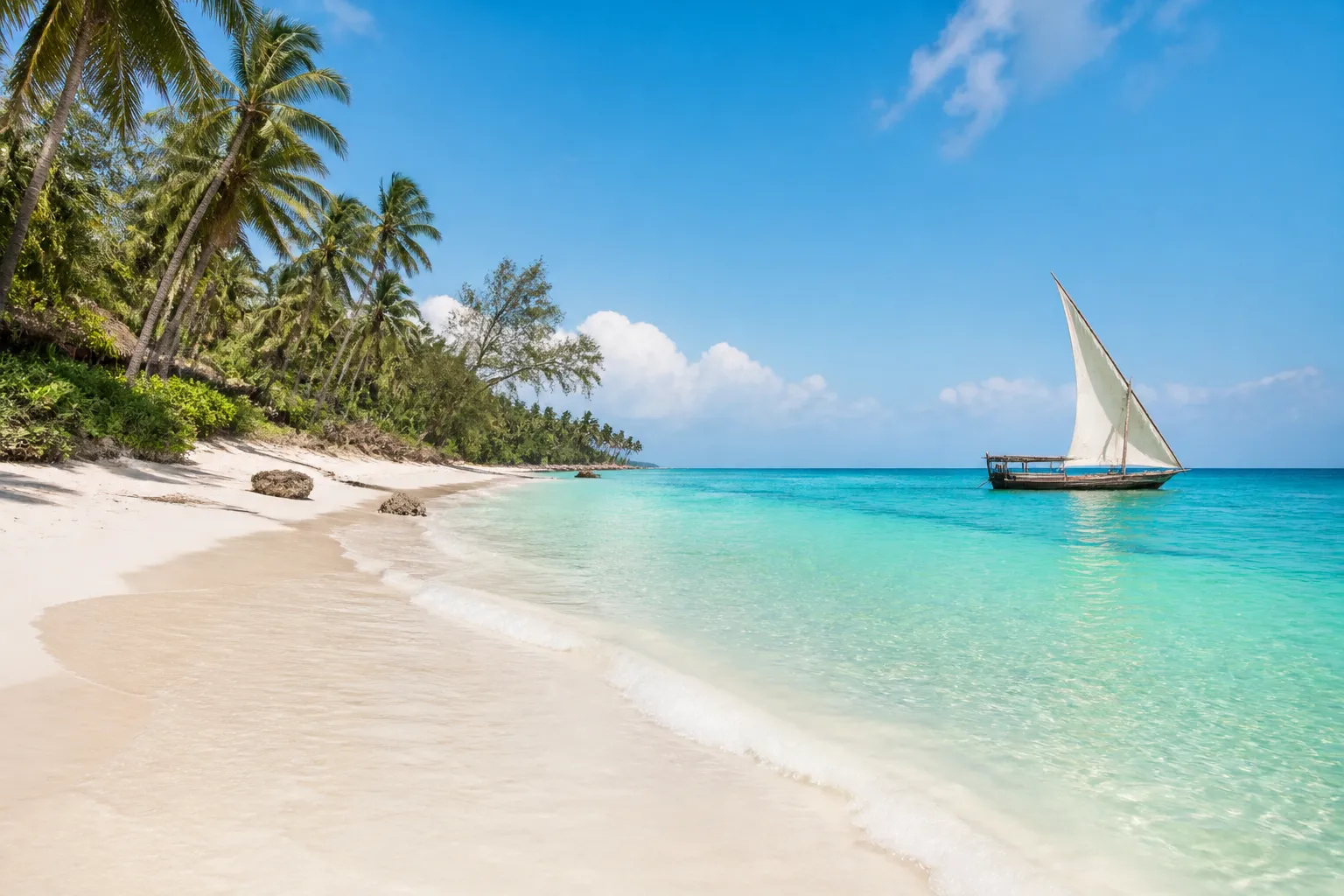 Traditional dhow sailing beside a white-sand Kenyan beach